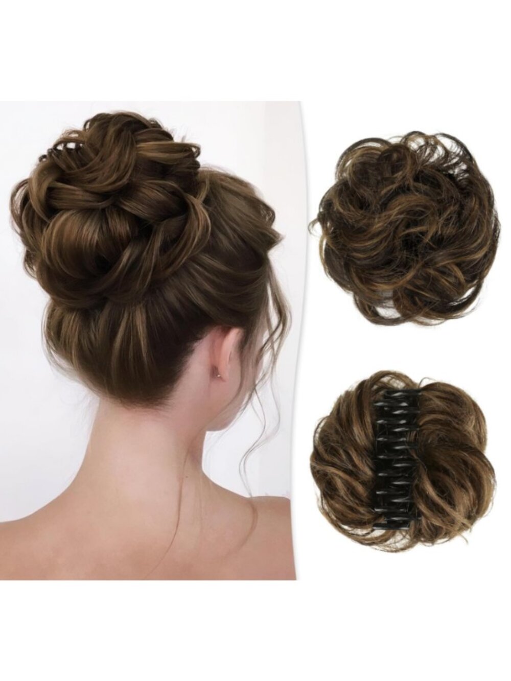 Dark Brown Real Human Hair Claw Clip Messy Bun Brunette Wavy Extensions Ponytail